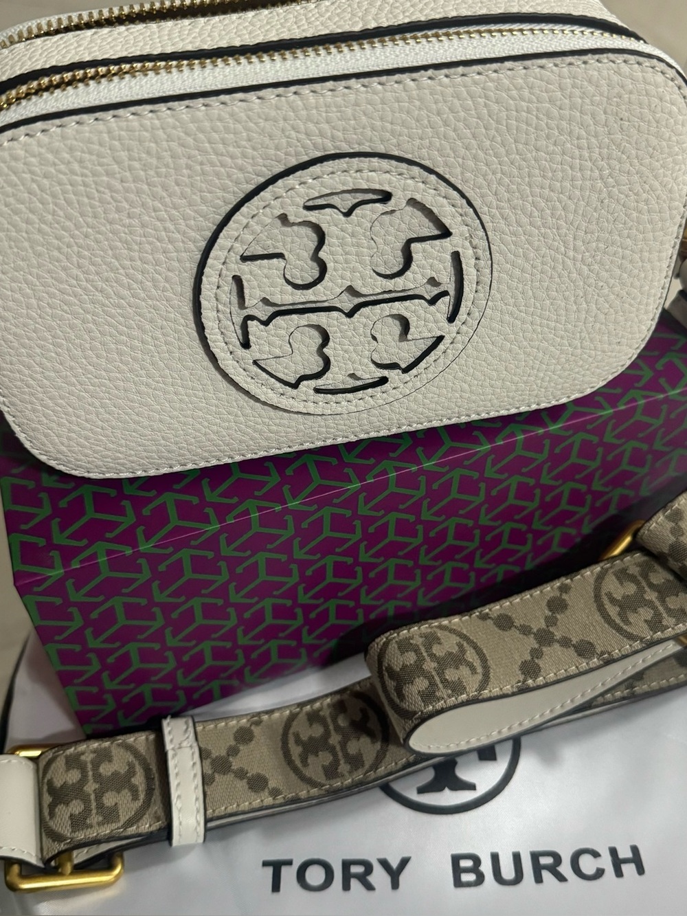 Tory Burch Cream Pebbled Leather Crossbody with Logo Strap - Picture 2 of 4